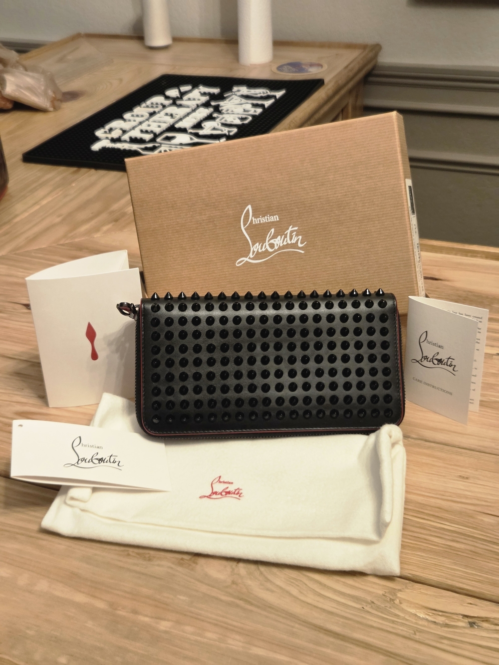 Christian Louboutin Panettone Blk Calf Leather Spiked Zip Wallet Full Inclusion